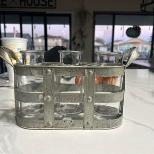 Farm house 3 piece glass vase with metal holder